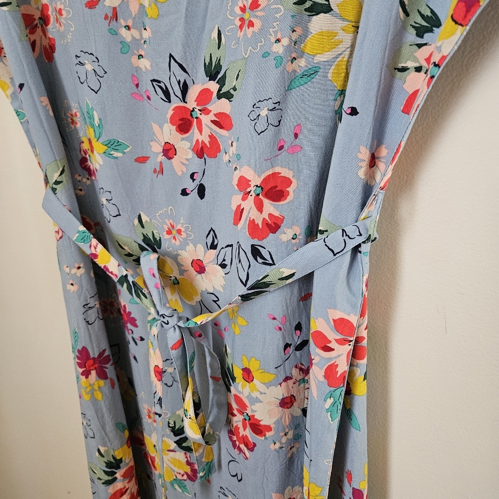beachlunchlounge Floral Blue Shift Dress Belt Mini Short Sleeve Casual Large - Picture 5 of 13